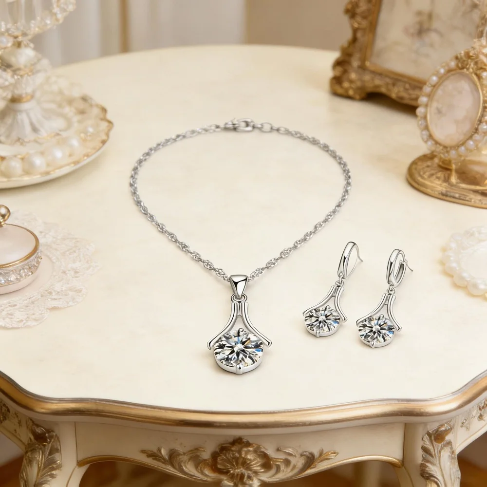 

Fine 925 Sterling Silver Water Bottle Desian Crystal Zircon Necklace Drop Earrings Set for Women Party Jewelry Gifts Accessory