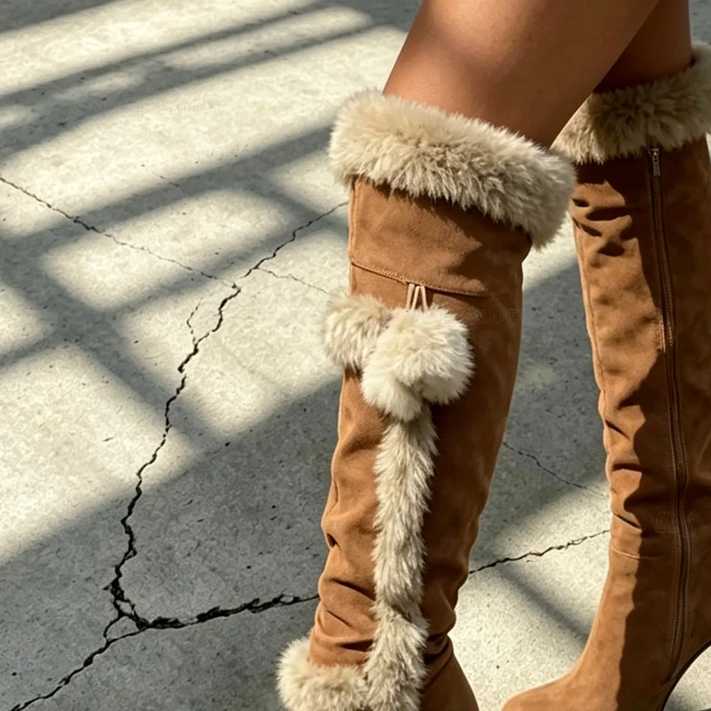 Brown Fur Ball Decor Boots Side Zipper Thin High Heels Women Shoes Round Toe High Heel Shoes for Girls Zapatos Para Hombres