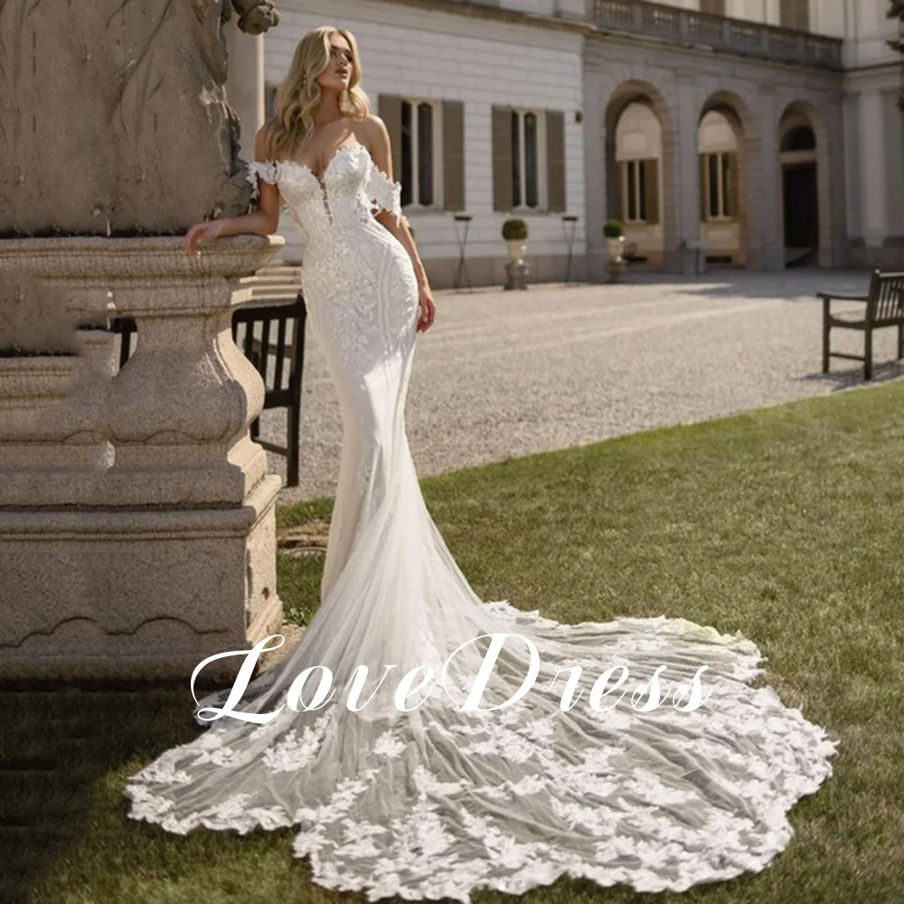 Liefde lieverd zeemeermin trouwjurk off-shoulder kanten applicaties moderne bruidjurk rugloze trein Robe de mariée op maat