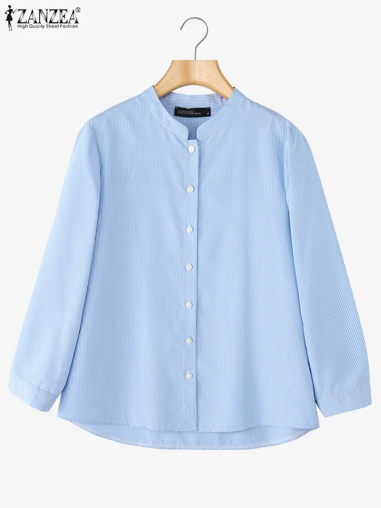 

2025 ZANZEA Women Shirts Fashion Autumn Long Sleeve Striped Blouses Elegant Stand Neck Work Blusas Casual Buttons Up Tops Tunic