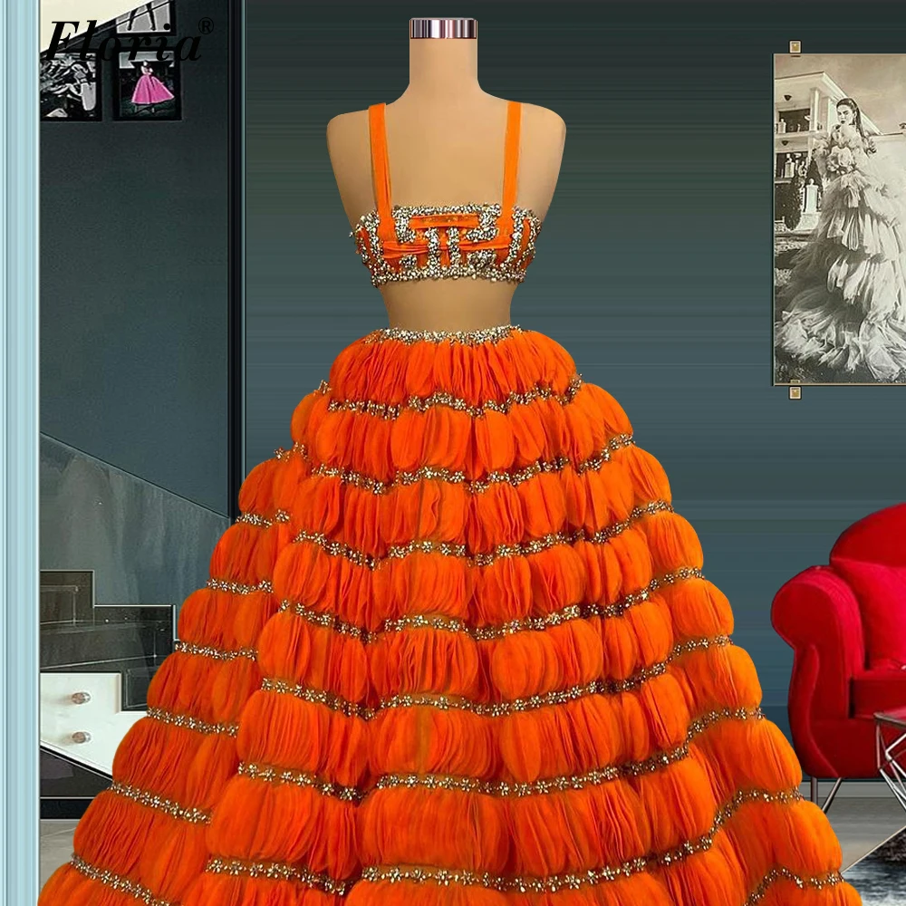 Vestidos De Fiesta Luxury 2 Pieces Orange Evening Dresses A-Line Middle East Gorgeous Celebrity Dresses For Women Pageant Gowns