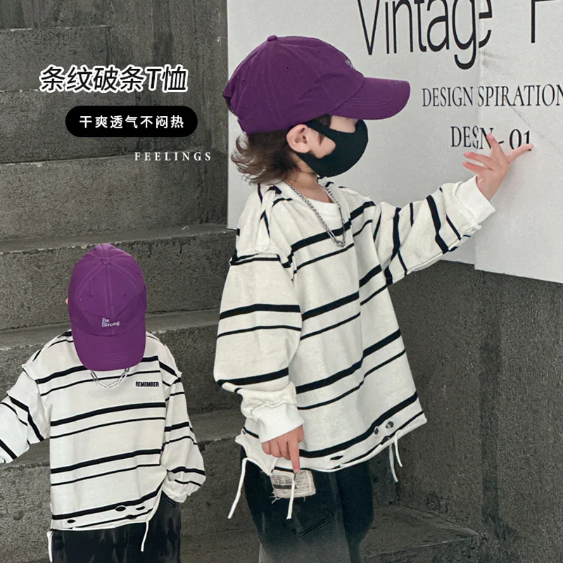 Children Clothing Long-sleeved T-shirt Korean Style Boys Spring 2024 New Baby Clothes Striped Handsome Boys T-shirt