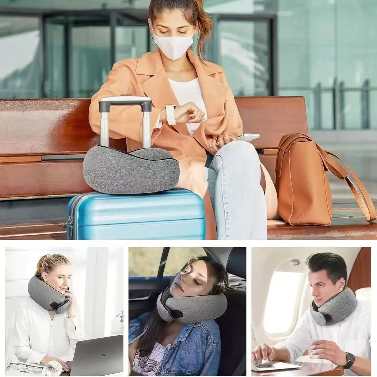 High-Density Memory Foam Neck Travel Pillow 360° Surround Support Ergonomic Design for Airplane Travel Comfort