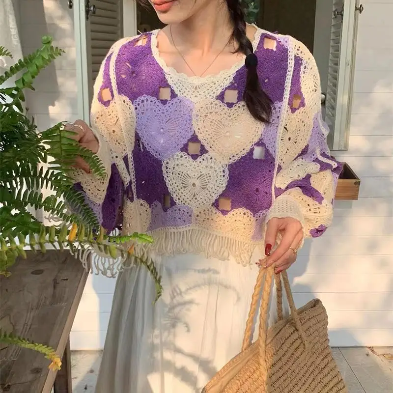 مملة العسل موضة جديدة ربيع الخريف الكروشيه الحب الجوف تي شيرت الإناث تصميم تحسس شرابة بلوزة تي شيرت المرأة كل مباراة