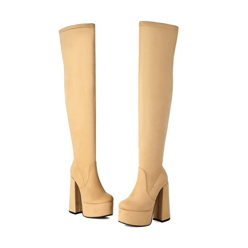 ORCHALISA Flock 56cm Thigh Boots Round Toe Extra High 14.5cm Block Heels 5cm Platform Big Size 46 US15 Party Long Booties