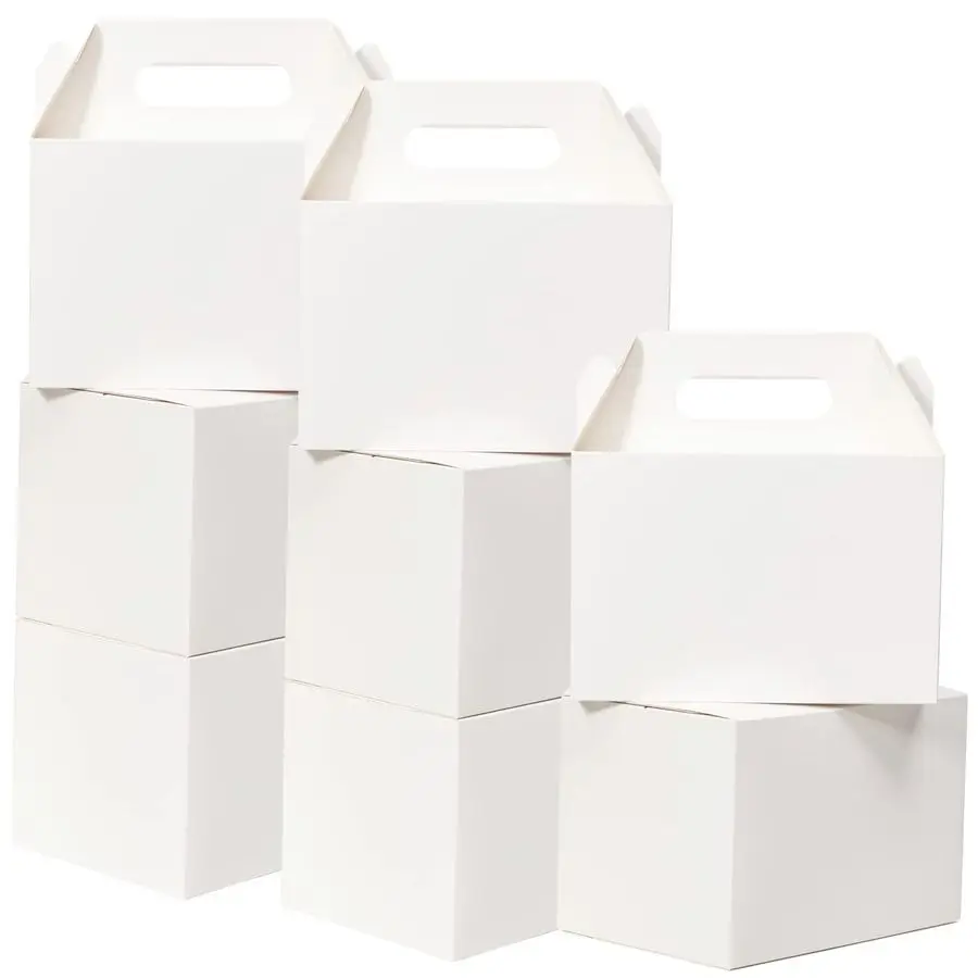 

50 Pcs Large Treat Boxes 9x6x6 Inch White Gable Gift Boxes with Handle Lunch Boxes Recycled Paper Bags Take Out Cookie Boxes Wel