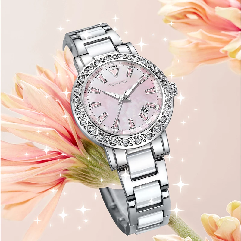 GUANQIN Luxury Quartz Watch for Women Mother-of-Pearl Dial Stainless Steel Case Calendar 30M Waterproof Luminous Lady Watches