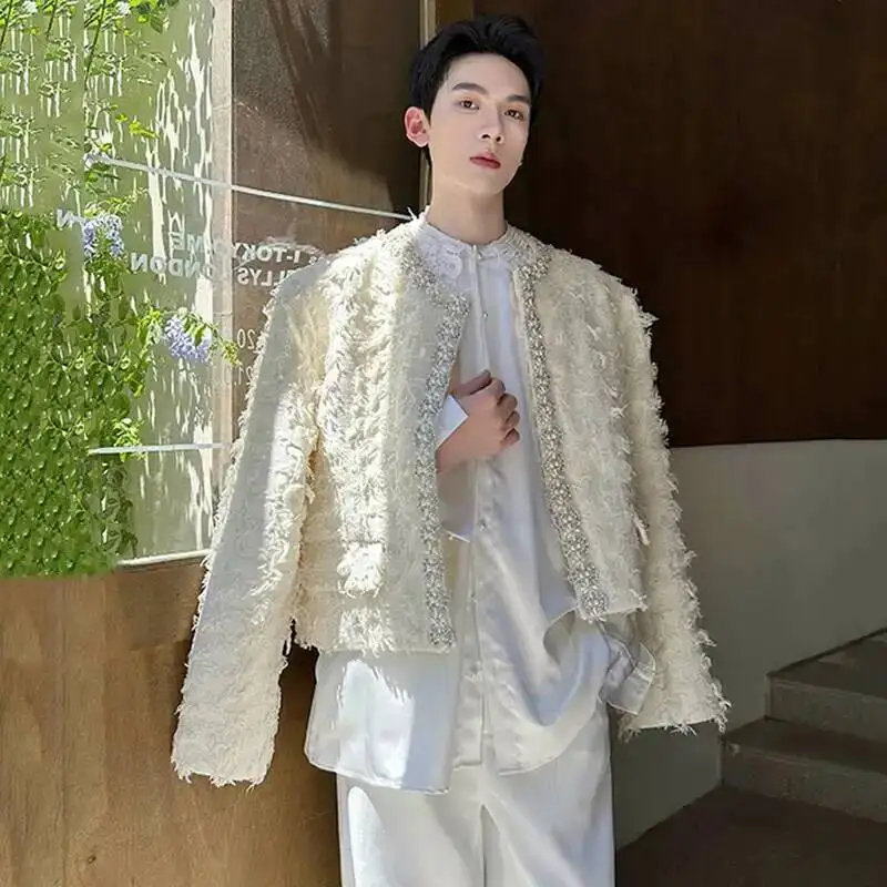 New Fashion Men's Short Blazer Beaded Floral Three Dimensional Embroidery Suit Jacket Korean Style Male Blazers 9XH2TQ