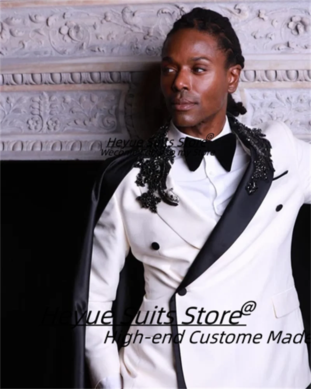 Customized White Men Suits Fashion Double Breasted Shiny Beading Groom Wedding Tuxedos 2 Pcs Sets Male Party Blazers Ropa Hombre