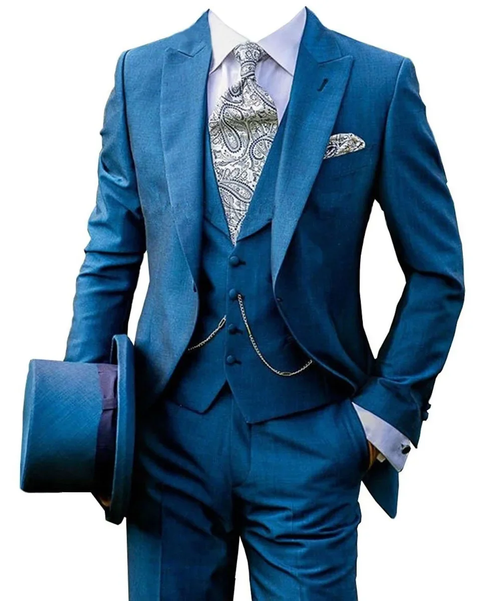 2024 Suits for Men Blue Solid Color Regular Length Flat Peak Lapel Luxury 3 Piece Jacket Pants Vest Costume Homme Businss Set