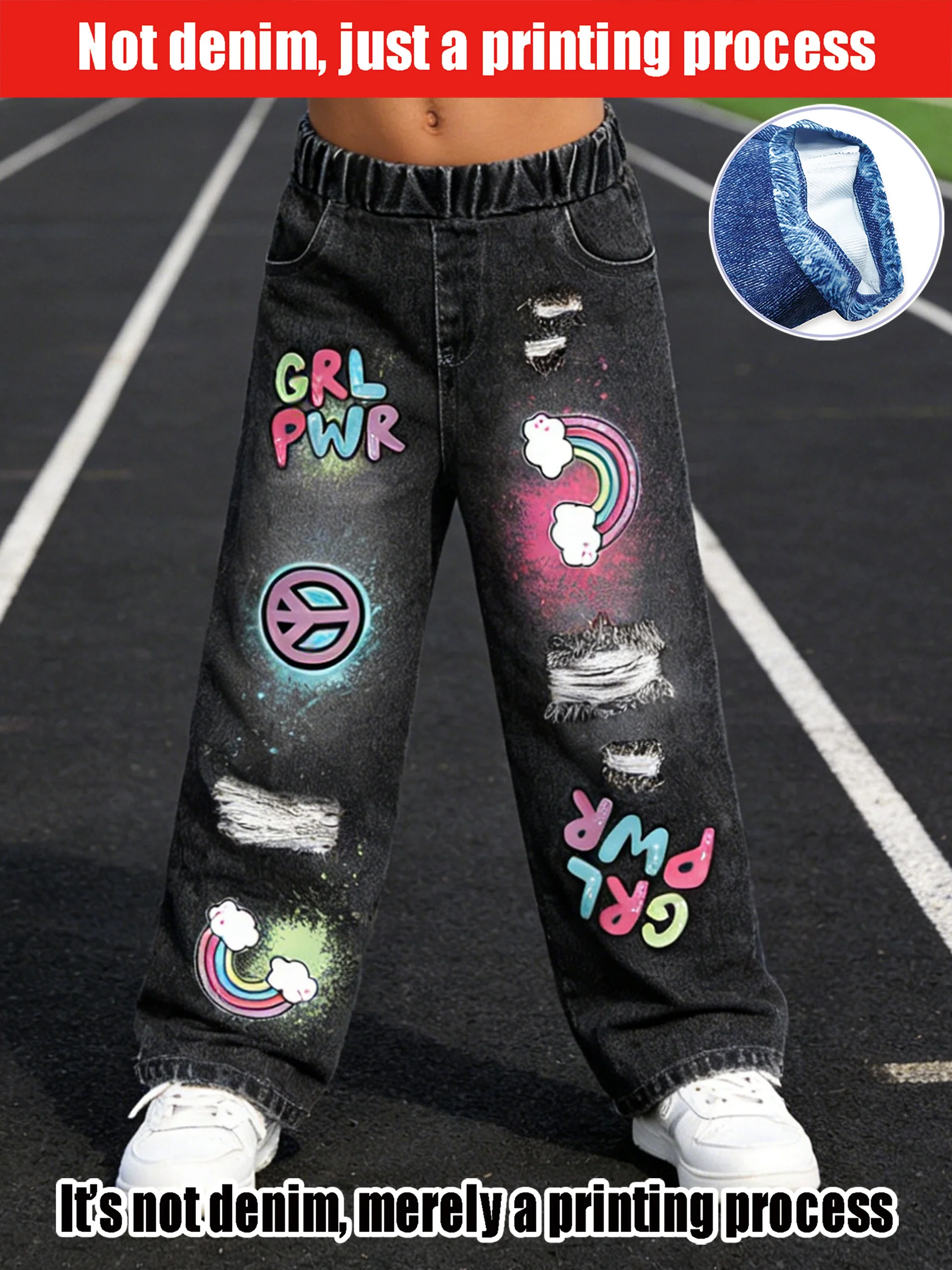 2026 children's black imitation denim wide-leg pants, old and broken, sweet and cool girl style