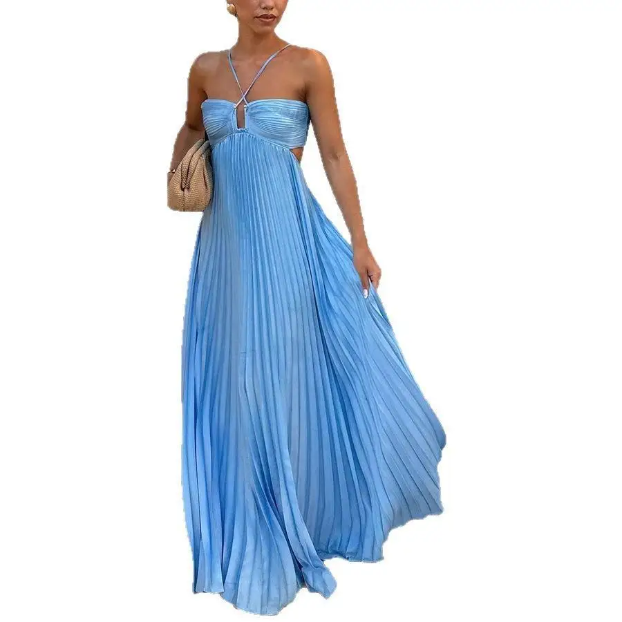 Station indépendante pour femmes, douce et Sexy, plissée, Maxi Dr, couleur Pure, taille haute, sans T-shirt en Fiber d'acétate