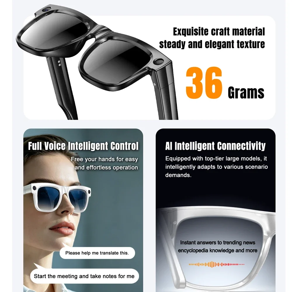 AG19 AI Smart Glasses Sunglasses 800W Camera IPX4 Waterproof Magnetic Charging Bluetooth 89-Language Real-Time Translation