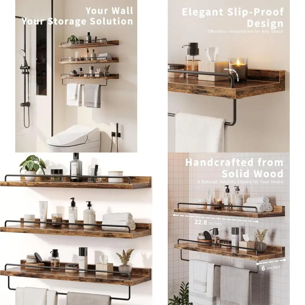 

Set of 3 Rustic Brown Floating Wall Shelves, 23 for Bathroom, Room Decor