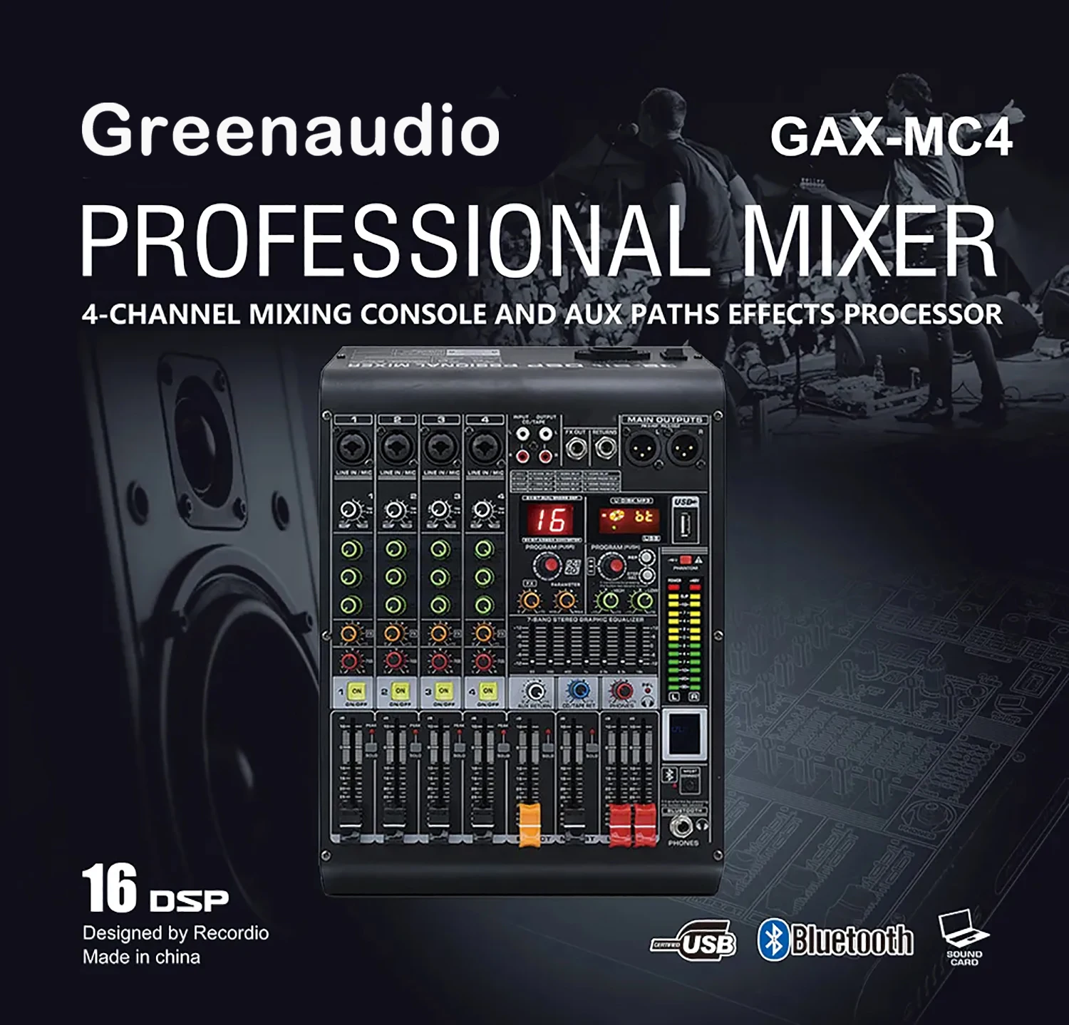 GAX-MC4 Professional Mixer 4Channel Mixer DJ Mixing Console with Reverb Effect Home Karaoke USB Live Interface Mixer