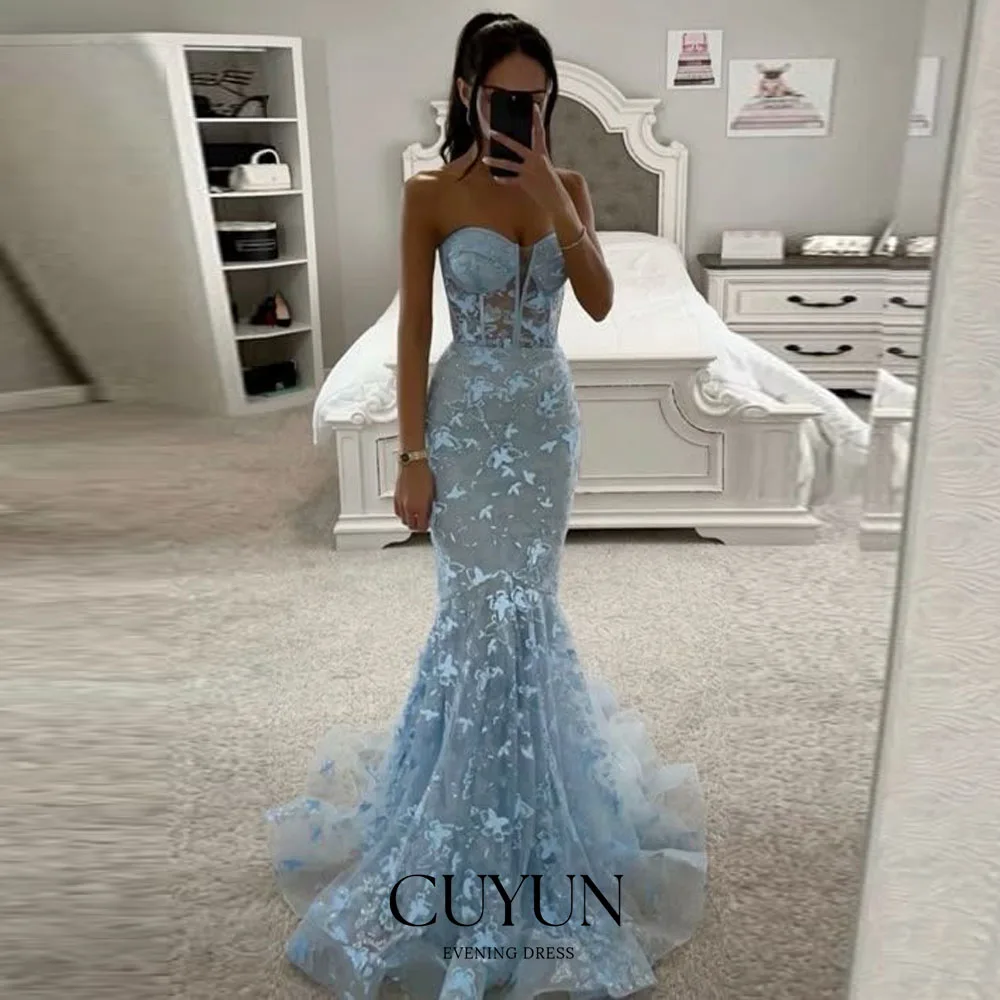 

CUYUN Customized Luxury Mermaid Prom Dresses Strapless Sweetheart Women Evening Dress Vestidos De Festa Sky Blue Party Gown