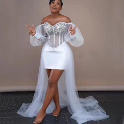 Roupões de casamento brancos para noiva, vestidos de chá de panela áfrica, ombro de fora, manga longa, alta baixa, apliques de cristal prateado personalizados