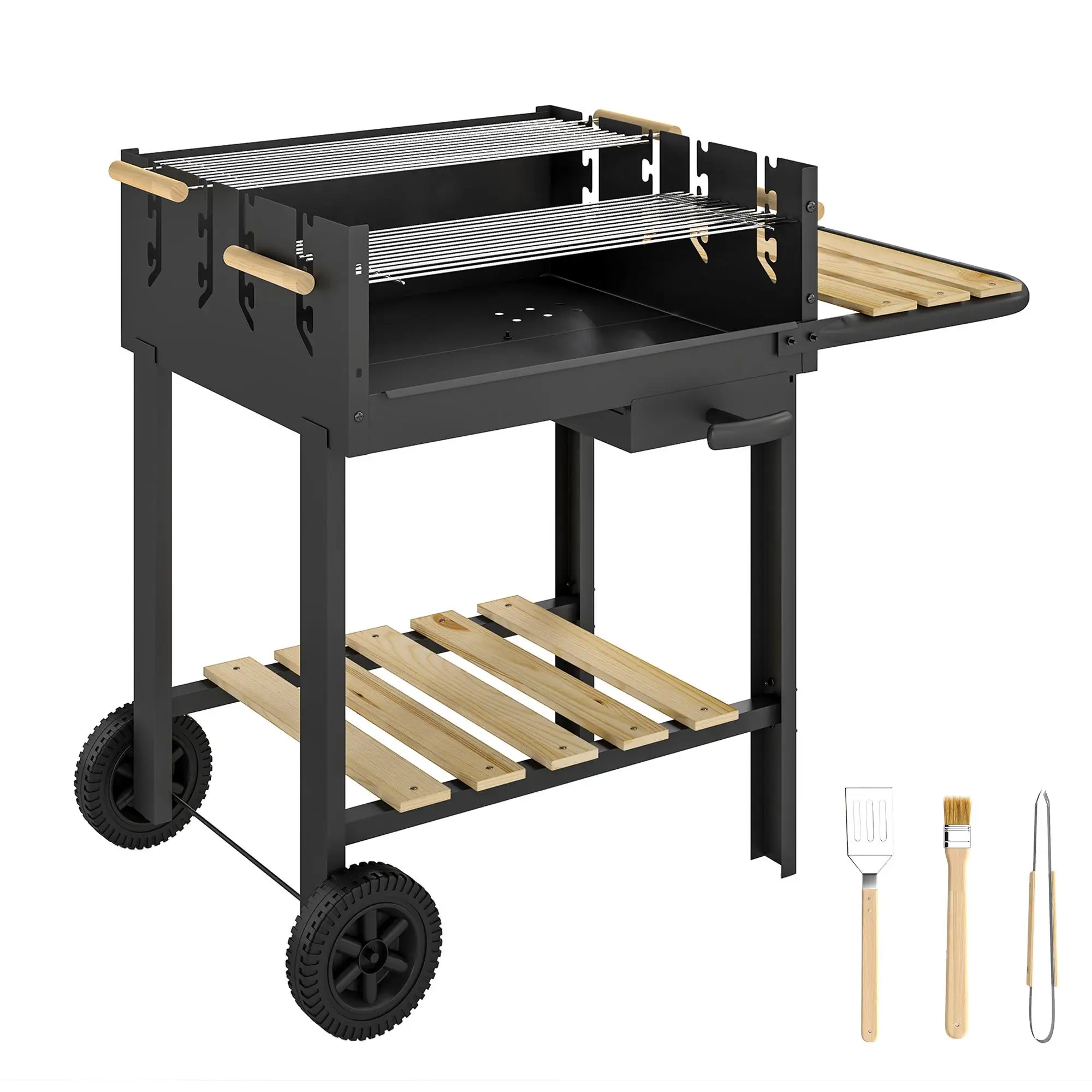 Carrito para barbacoa Outsunny a carbón, 4 niveles de altura ajustable, 2 parrillas, estante lateral, contenedor para cenizas 99.5x58x82 cm