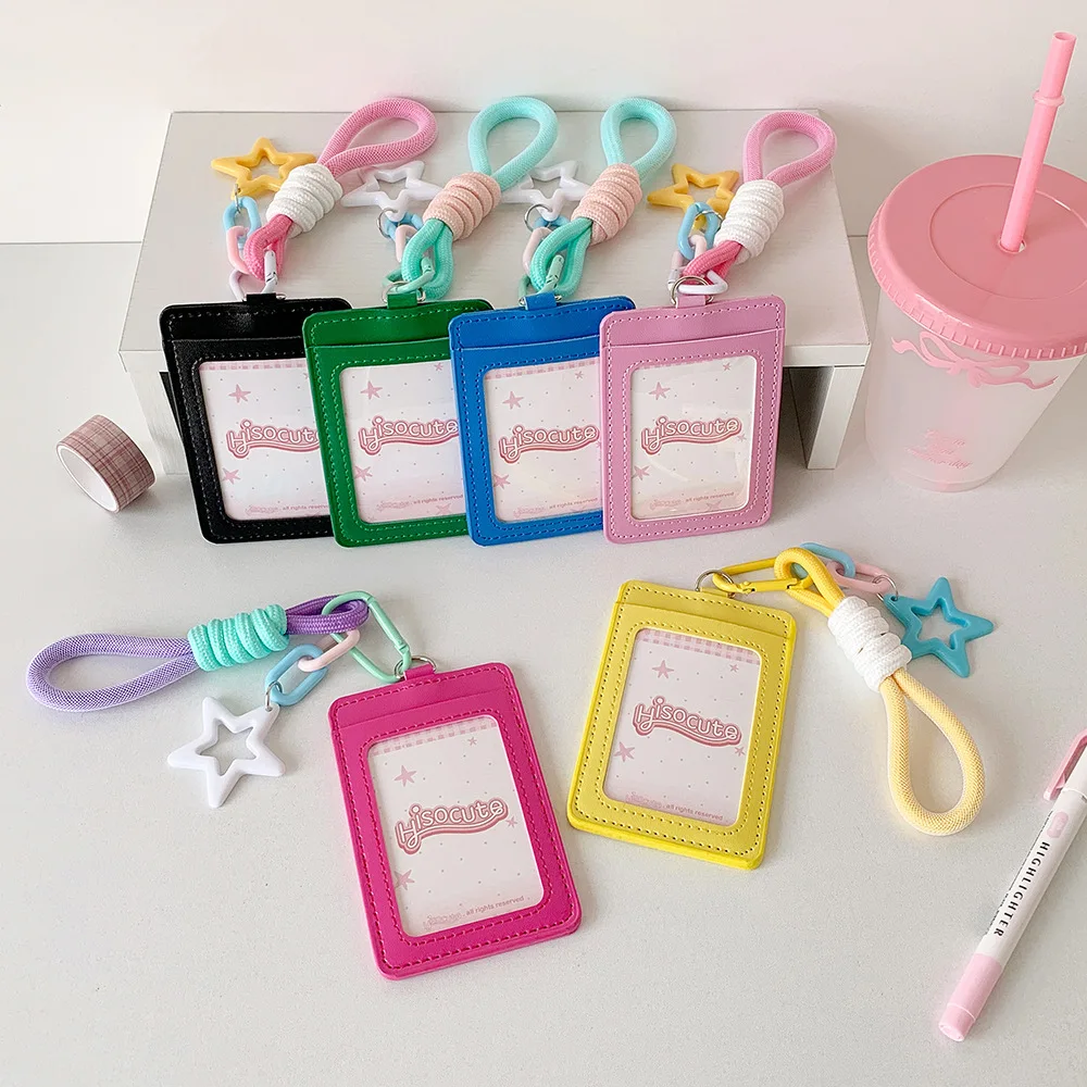 

ID Card Protective Leather Bus Card Cover Credit Card Star Pendant Korean Photocard Holder Keyring PU Leather Badge Holders