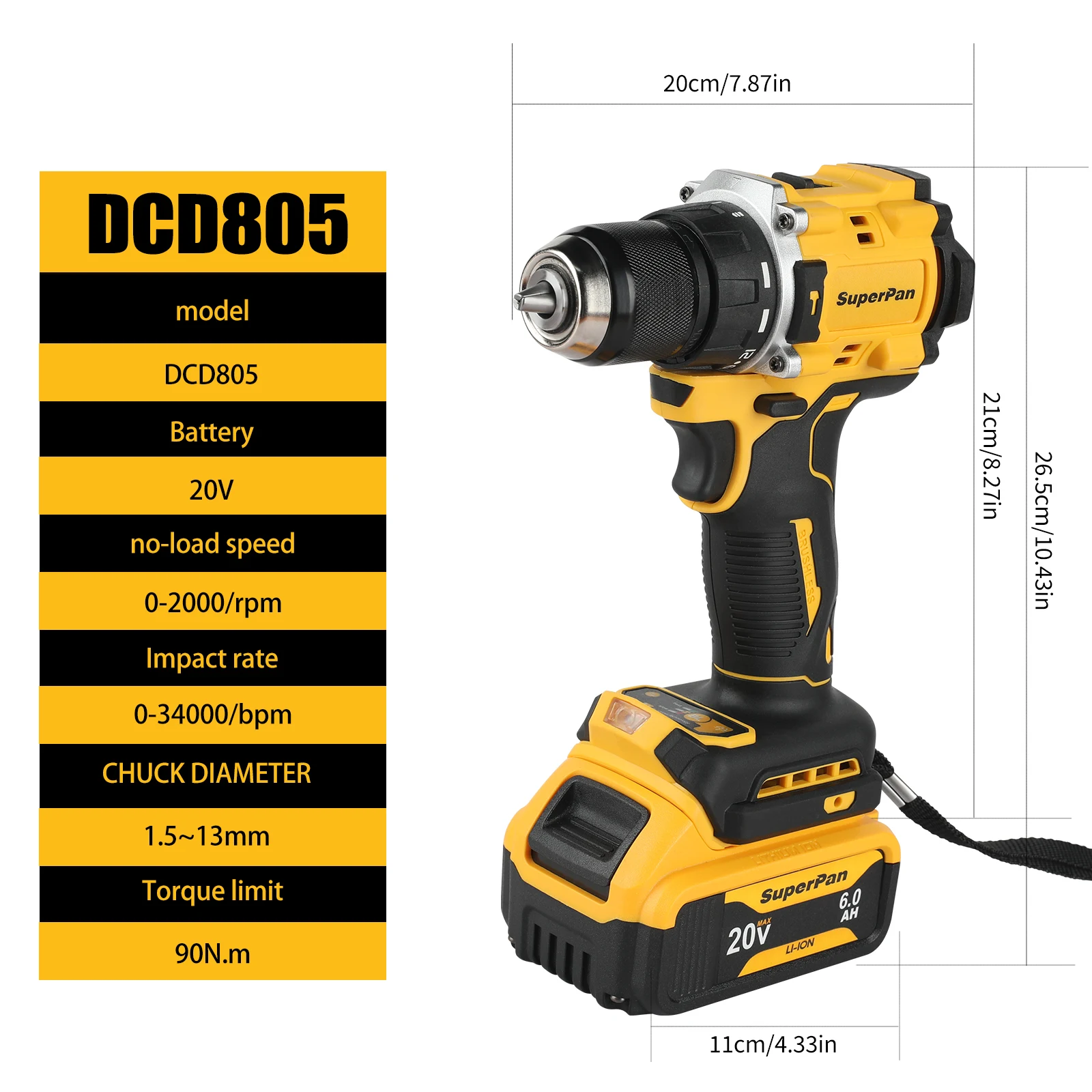 

Бесщеточная дрель SuperPan SP805 с патроном 3/8 дюйма, реверсом, низким энергопотреблением, низким уровнем шума, прочная, совместима с аккумулятором DeWalt 20В.