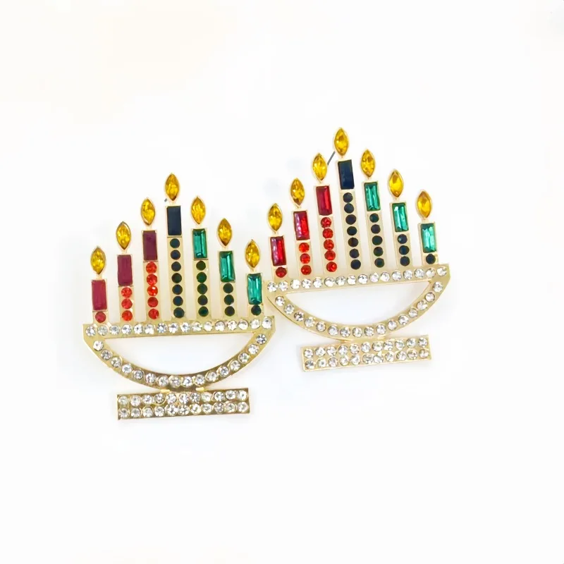 Christmas Candelabra Earrings Colourful | Stocking Filler | Festival Stud Decorative Gold Hanukkah Multi-Color Menorah Earrings