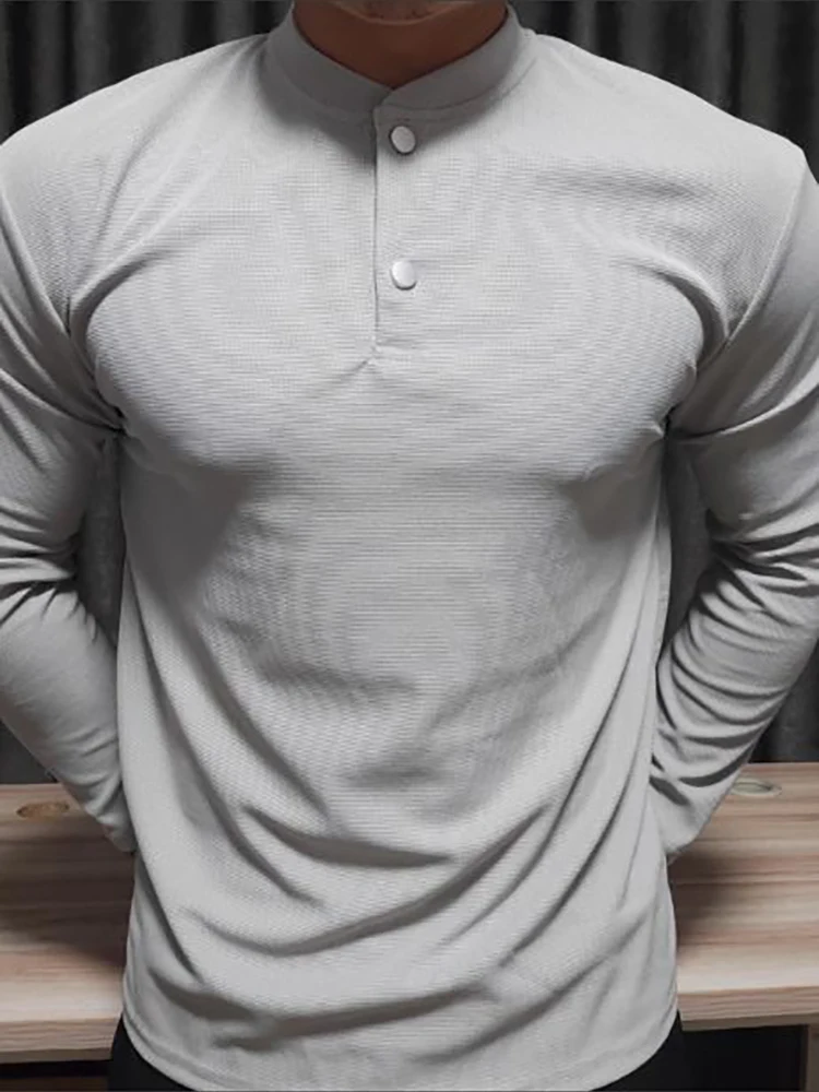 

Vintage Minimalist Men’s Henley Shirt Casual Solid Color Button Crew Neck Long Sleeve Straight Top Shirts Breathable Golf Shirt