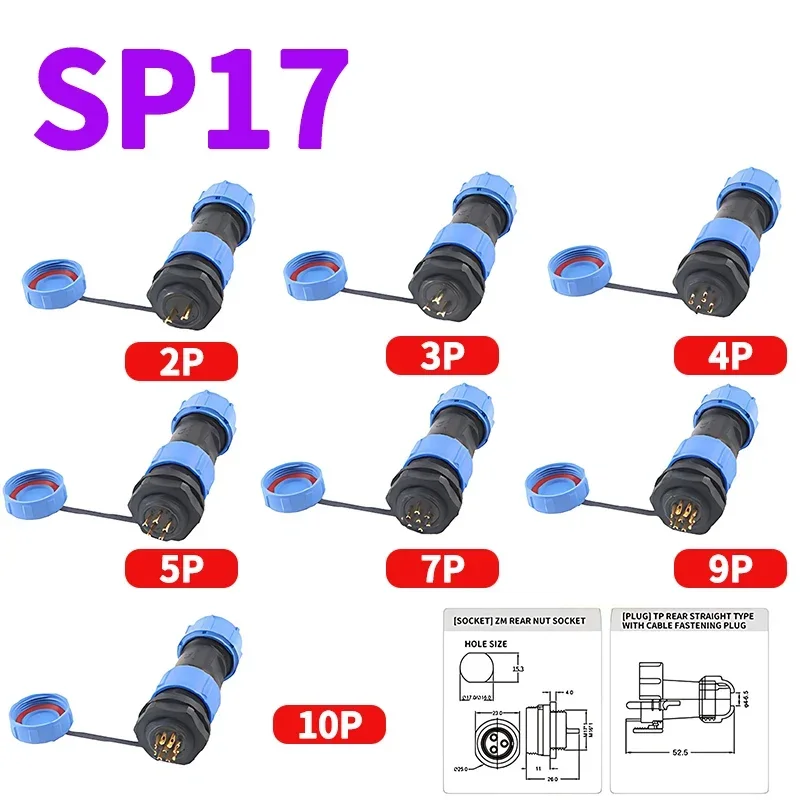 SP13 SP16 SP17 SP20 SP21 Round Plug Socket Connectors, Male Female Set Options with Rear Nut Flange and Inline Mount Types