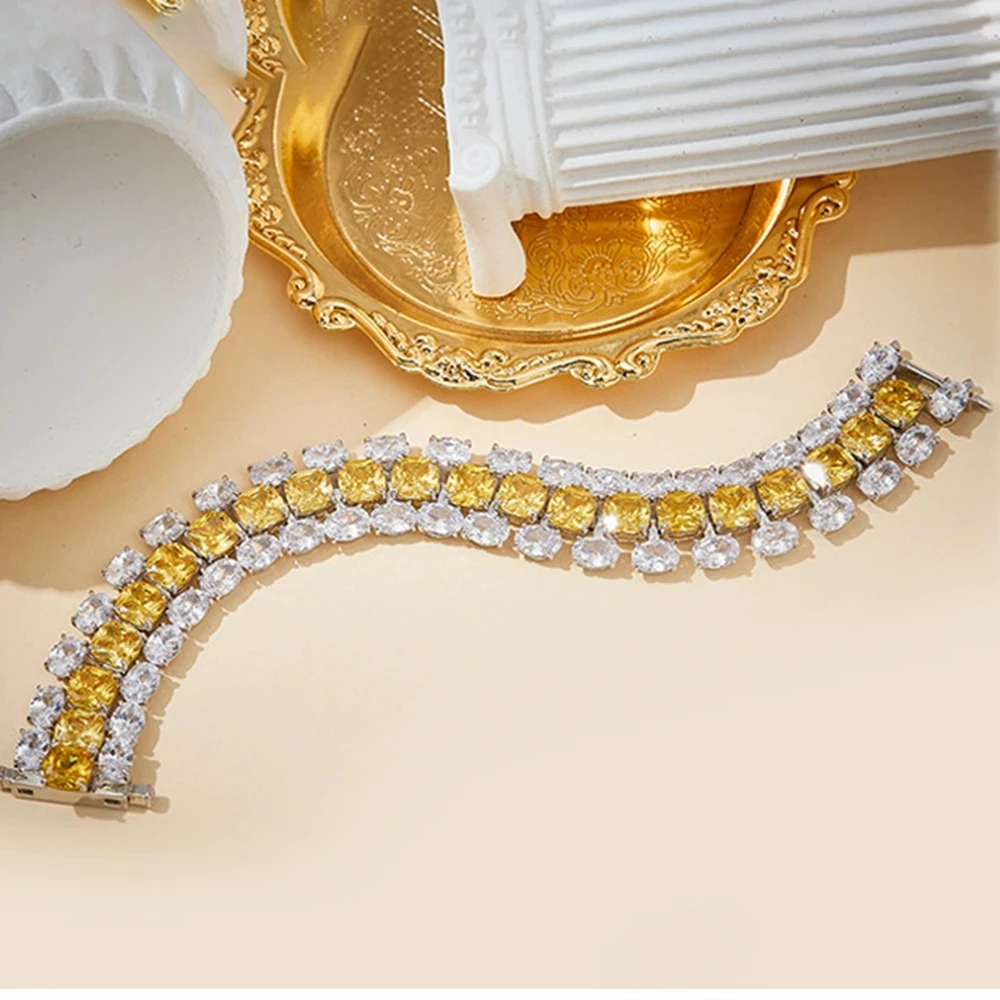 Luxurious Multi-Layer Oval & Cushion-Cut Yellow Zircon Diamond Tennis Chain Bracelet - Real Gold Plated, Designer Bridal Jewelry