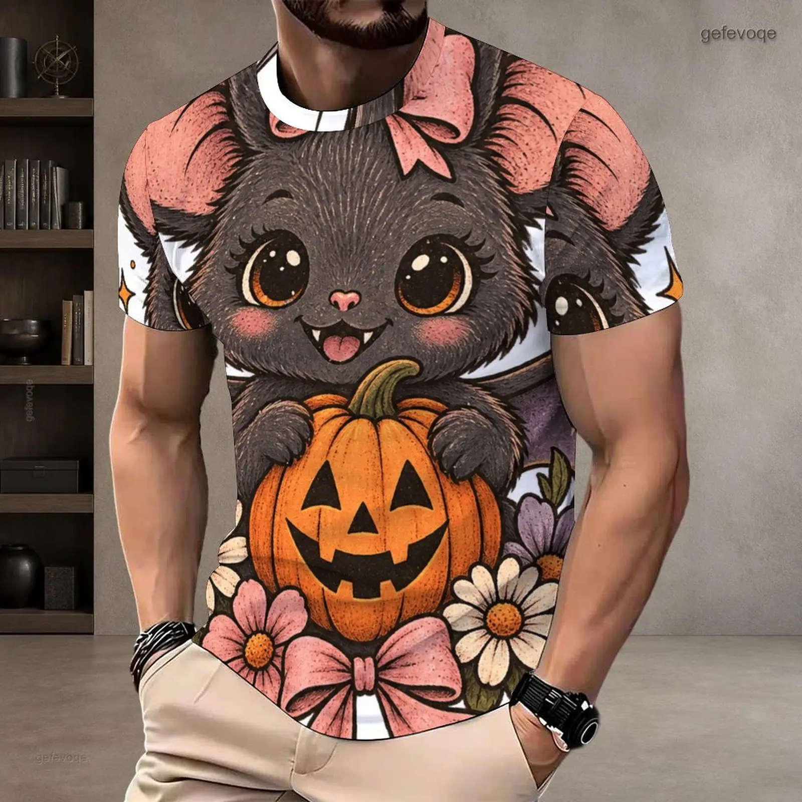 Men Round Neck Short Sleeve T-Shirt, Printed with Cute Panda Wearing Ghost Costume Holding Pumpkin Candy Bucket