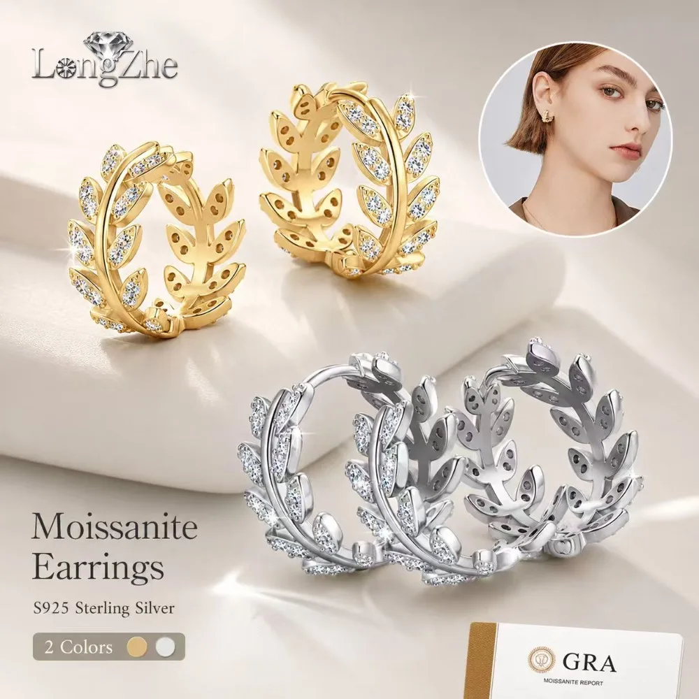 

Luxury Moissanite Leaf Earrings S925 Sterling Silver, Trendy Hoop Earrings for Girls, Perfect Gift, Gold & White Colors