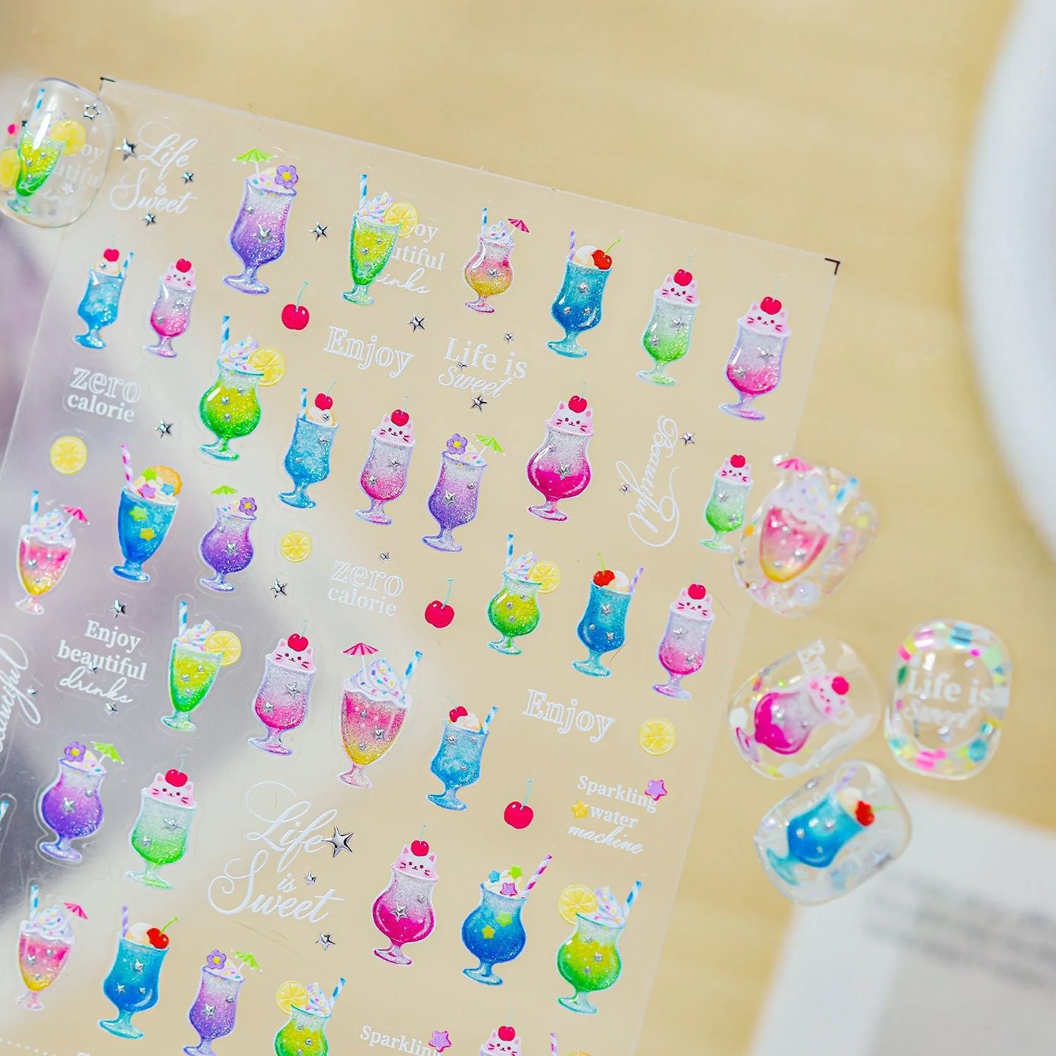 Vacation Drink Nail Decals 5D Sparkling Cold Cocktail Whipped Cream Top Lemon Slice Cherry Nail Art Sticker Manicure Accessorie