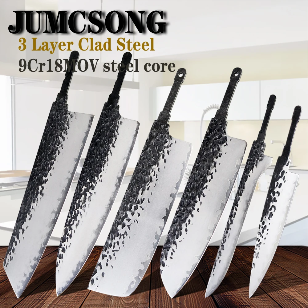 JUMCSONG 1-6 PCS Composite Steel Blade Handmade DIY Kitchen Knife  Blank High Carbon Stainless Steel Chef Knife Santoku Knife