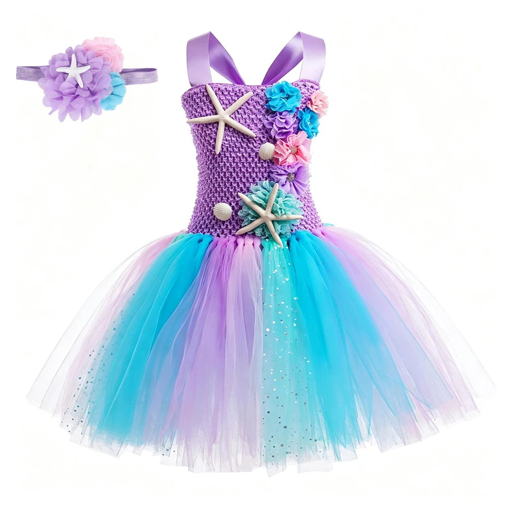 Niedliches, lila Kleid im Meerjungfrauen-Stil mit Spaghettiträgern für Mädchen, mit Zauberstab, Krone, Halskette und Haarreif – ideal als Halloween- oder Geburtstagsgeschenk. – Detail 8