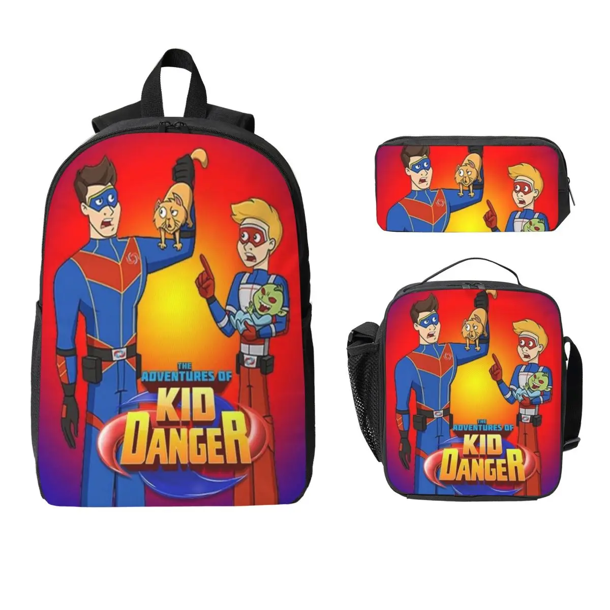 3Pcs Captain Henry And Kid Danger Backpack Set for Children Pen Bags Bookbag Sets with Lunch Box For School Students Daypack