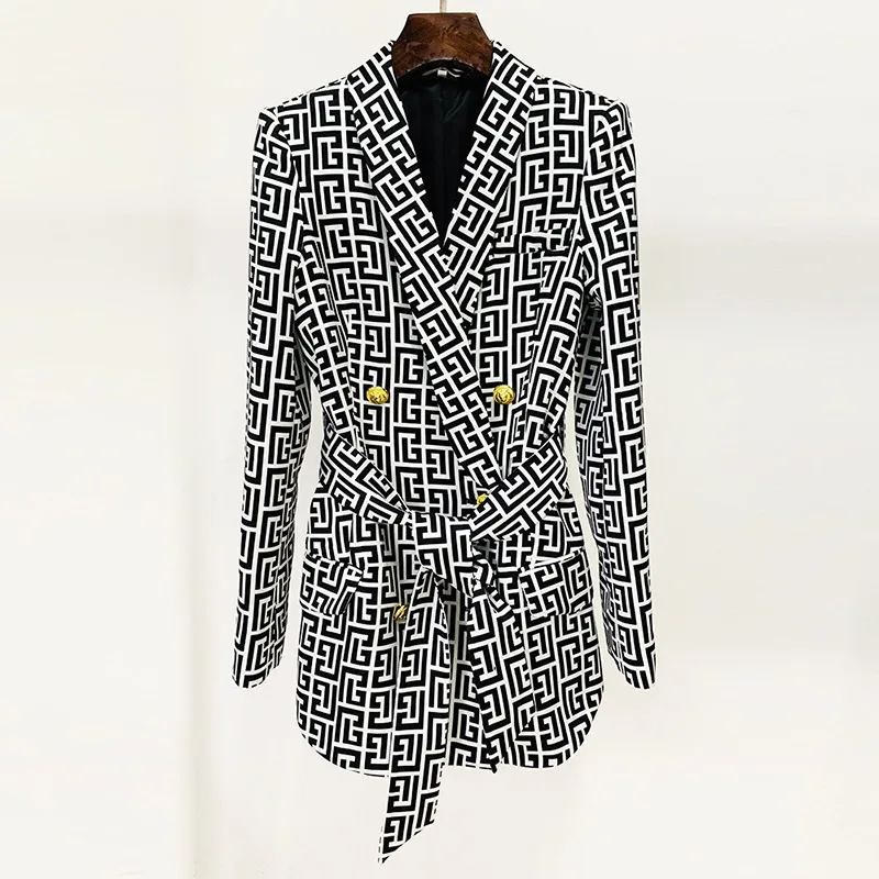 Retro European Design Vintage Geometrical Pattern 2PCS Blazer Suit Elegant Straight Women Two Pieces Pants Casual Sets