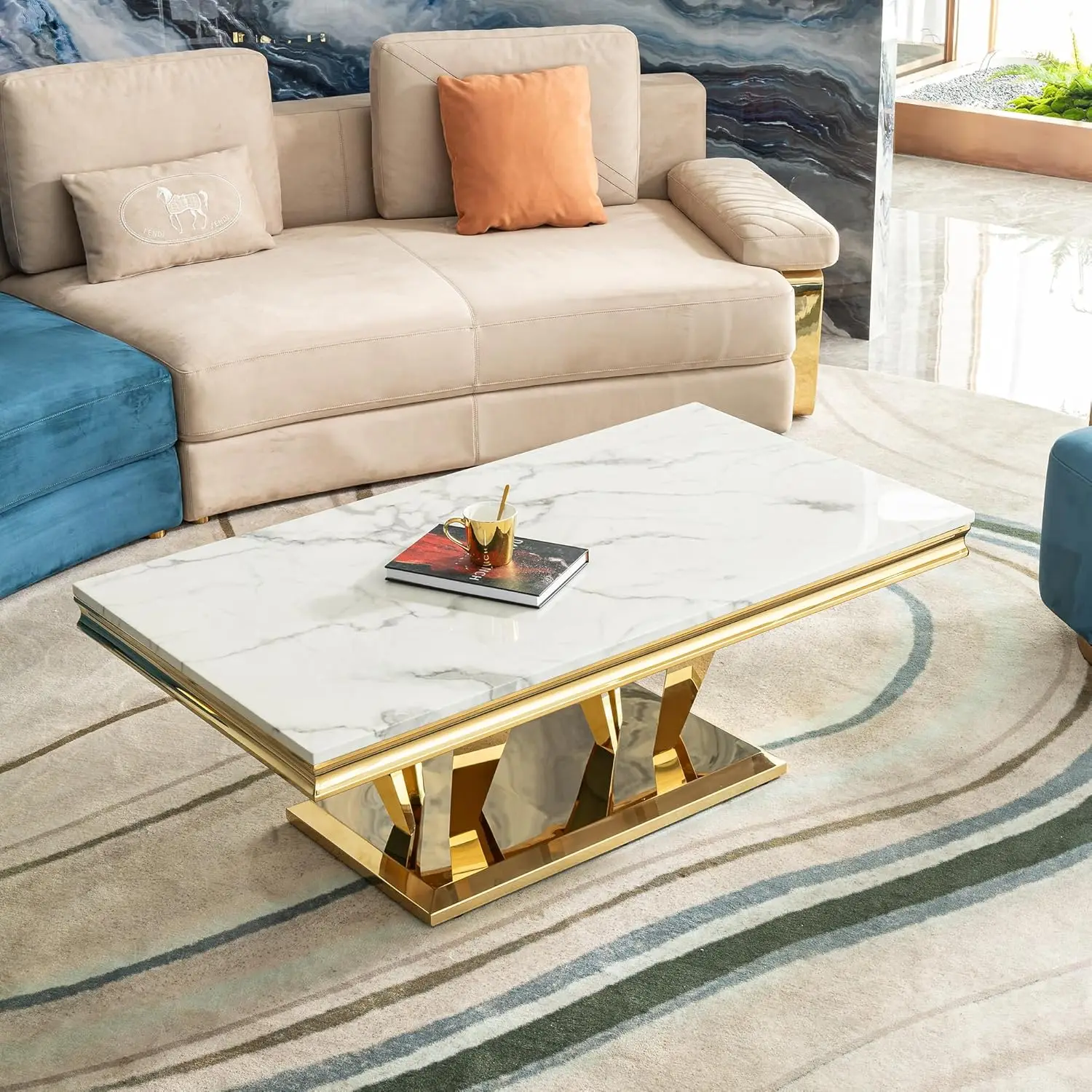 58.18"" Modern Rectangular 0.78"" Thick Mdf Marble Pattern Top, Coffee Table Stainless Steel Base With Gold Mirror Finish