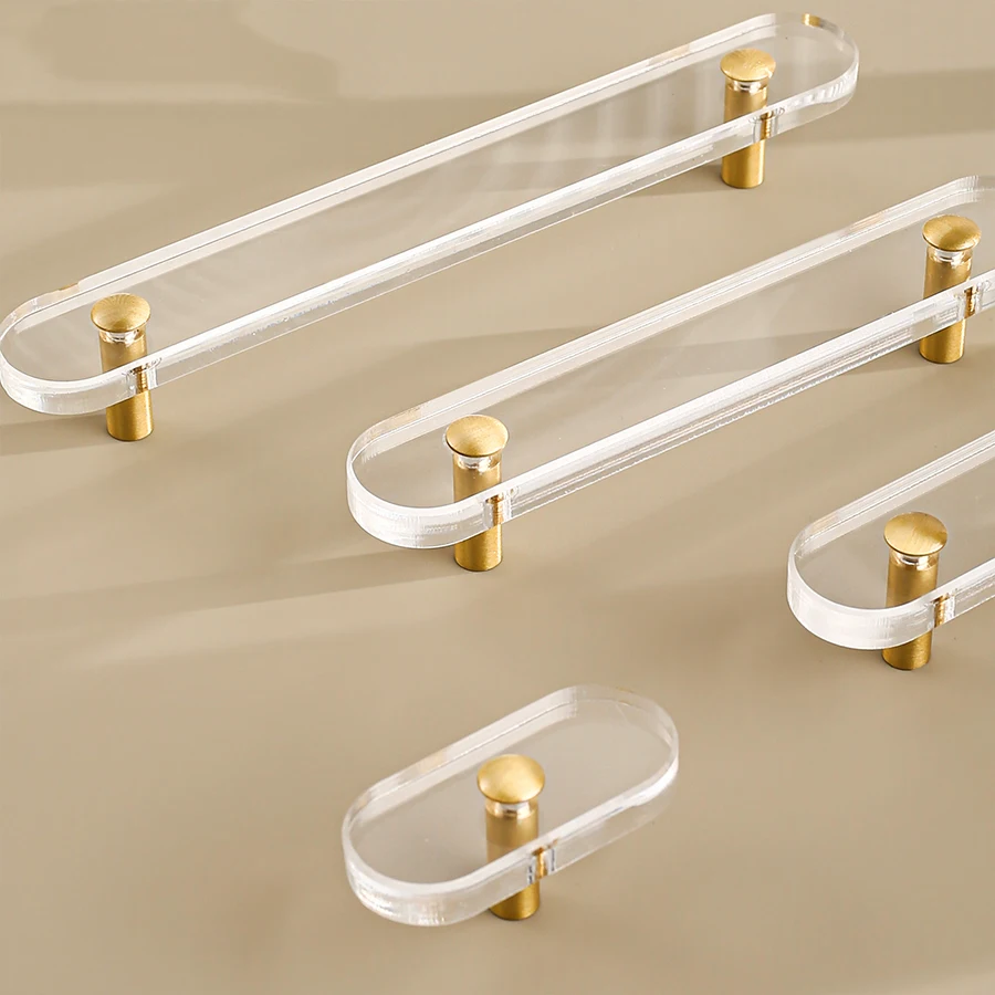 Modern minimalist acrylic flat brass pull handle furniture hardware kitchen drawer handle transparent long handle