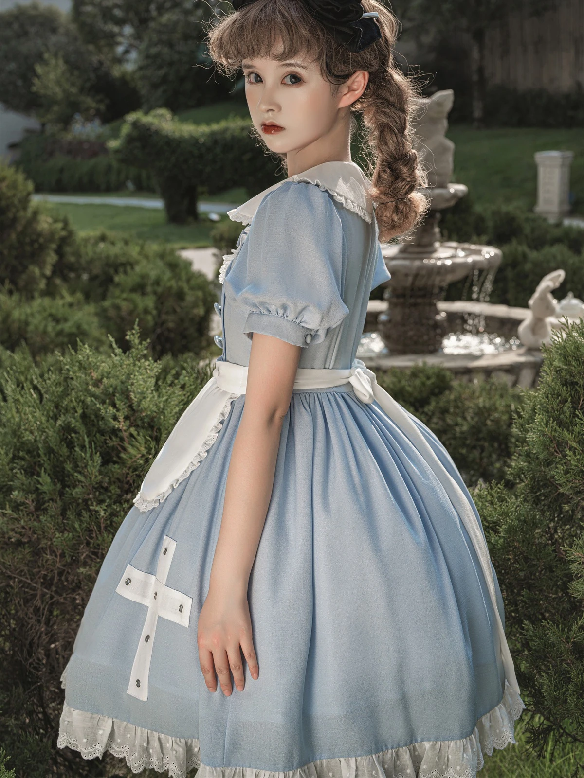 Japanese Cute Sweet Lolita Op Dresses Doll Collar Long Sleeve Back Lace-up Bow High Waist A-line Slim Blue Princess Dress Women