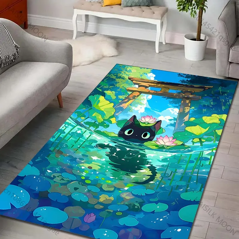 Multiple sizes Black cat pond lotus morning Print Carpet Rug for Living Room Bedroom Sofa Doormat Home Decor Non-slip Floor Mat