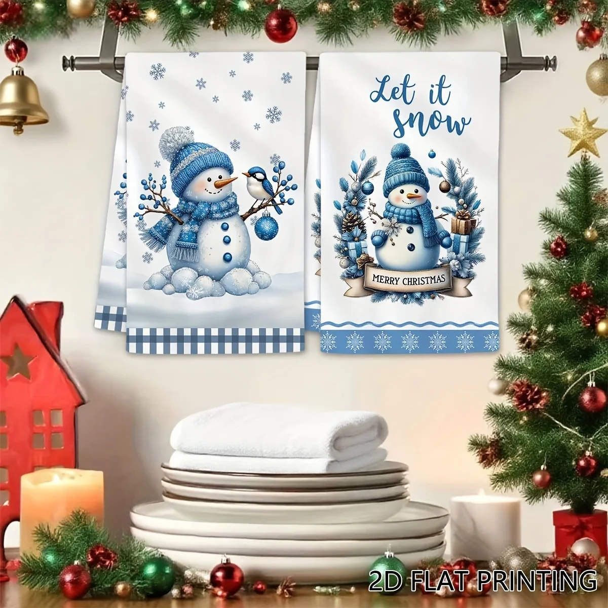 2pcs Christmas Hand Towels, Christmas Snowman Blue Pattern Hand Towels for Cooking Baking Kitchen Dish Towel Set Dish Towels