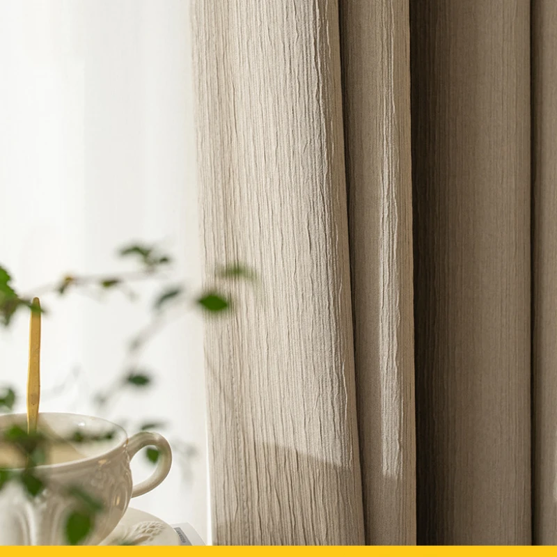 

Crumpled Curtains for Living Dining Room Bedroom Pinstripes Blackout Curtains Milk Tea Yanxingyu Simplicity Solid Color