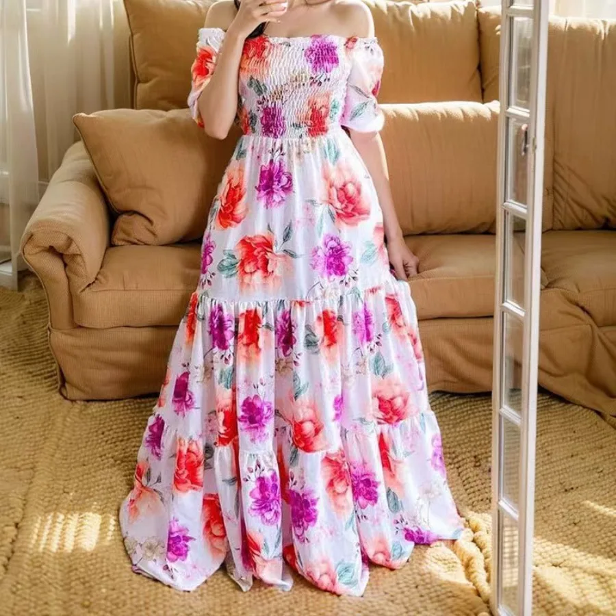

【New style】's new commuter style one-collar, large swing, ruffled high-rise printed long dress