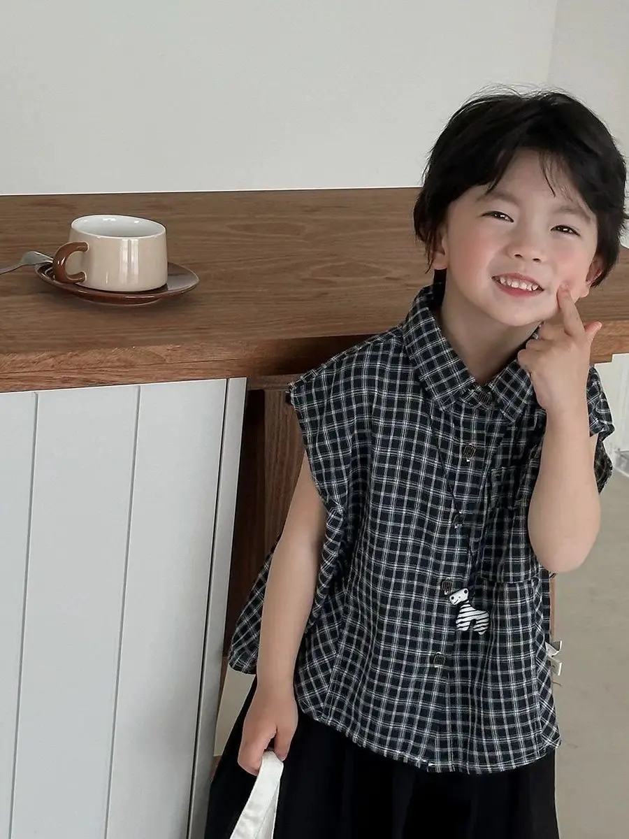 レトロ2026ノースリーブシャツセット-男の子-夏-ルーズ-ニューカラー-チェック柄-半袖-おしゃれ-ランタンパンツ-トレンド-子供服