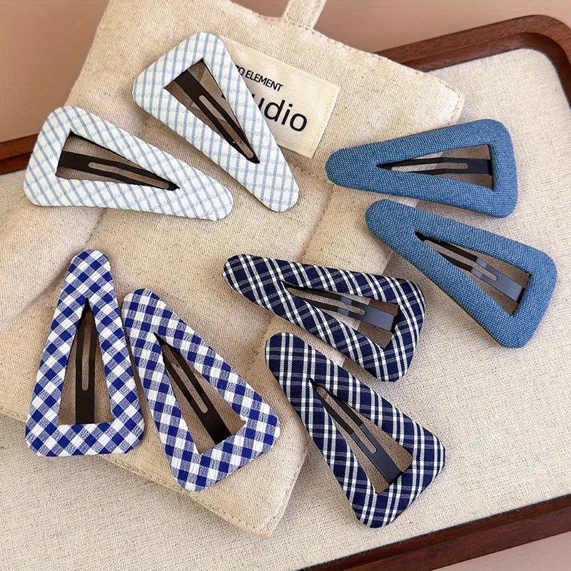 Pinza de pelo triangular a cuadros azules para mujer, pinza para el pelo para bebé, flequillo lateral, accesorio elegante para el cabello