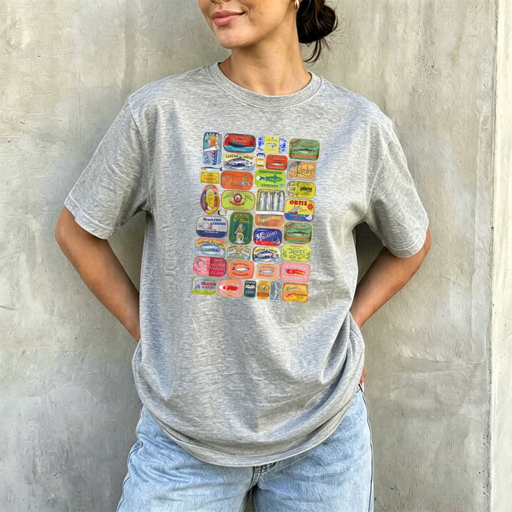 Vintage Retro Canned Fish Sardine Tin Can Collage Graphic Tees Food Lover Coastal Aesthetic Casual Short Sleeve Women Tops