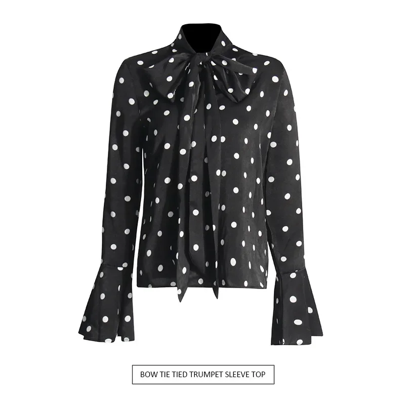 SuperAen Korean Style Trumpet Sleeve Shirt 2024 Autumn New Polka Dot Print Design Ribbon Mesh Shirt