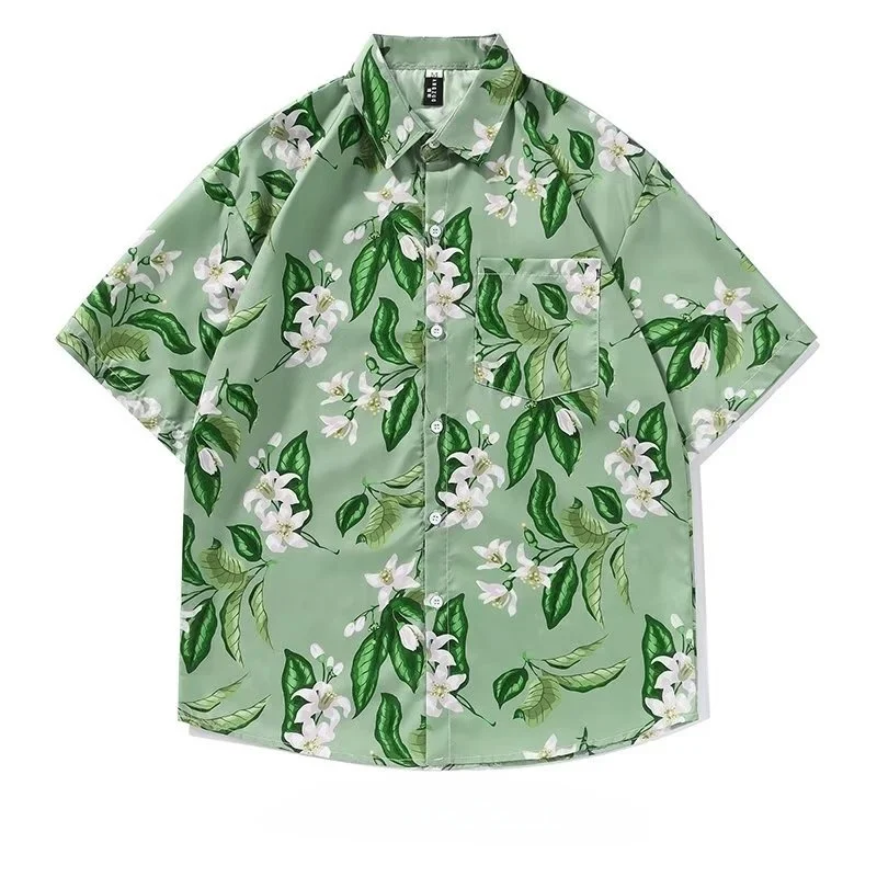 Summer Men's Hawaiian Short Sleeve Flower Shirt Loose Handsome Beach Seaside Vacation Casual Half Sleeve Floral Shirt Coat