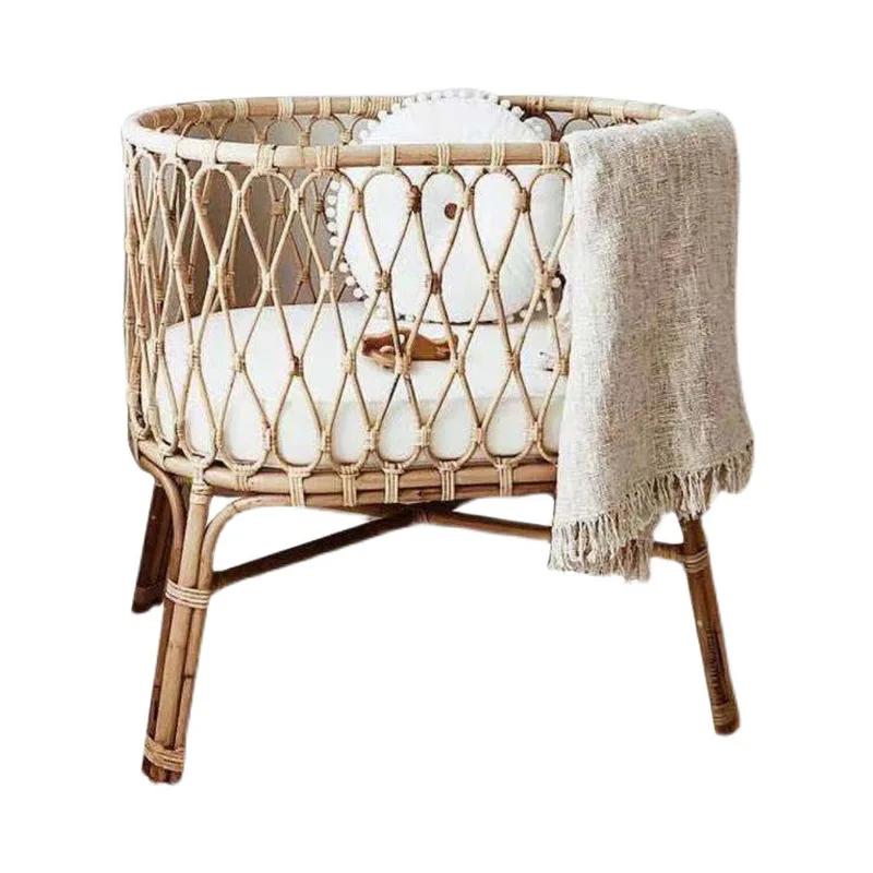 Natural rattan baby princess bed retro handmade baby children rattan bed heightened fence