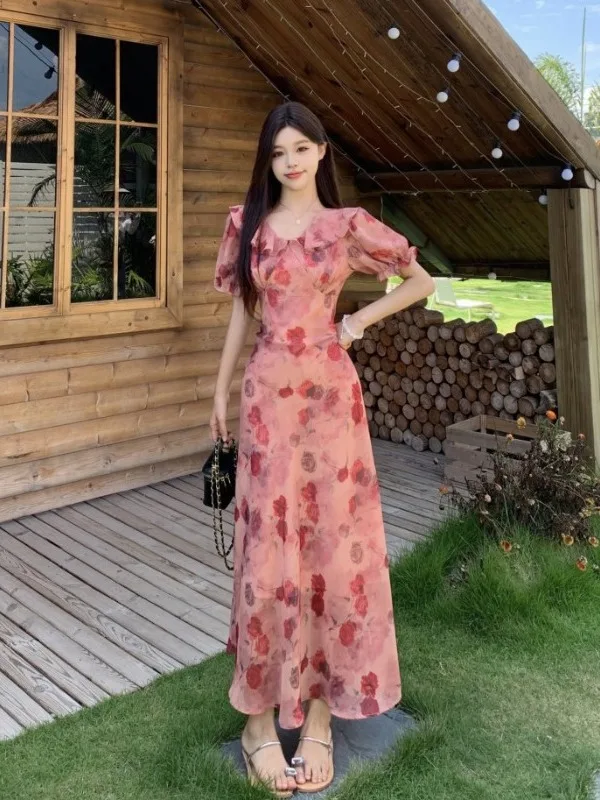 

plus Size Women's Sweet Lace Trim Splice V-Neck Dress Summer New Waist Cinching A-Line Long Dress Korean Style Citywalk