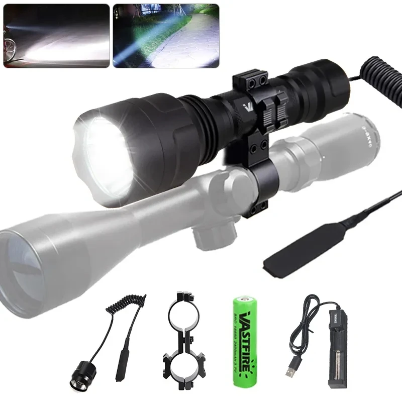 

C8 Professional Green/RED/White LED Hunting Flashlight Tactical 1-Mode Torch+18650+USB Charger+Remote Switch+Rifle Scope Mount